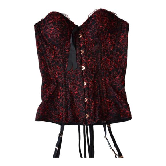 Savage X Fenty Black Red Lace Corset w/ Boning & Garter Straps Size Medium - Picture 1 of 10